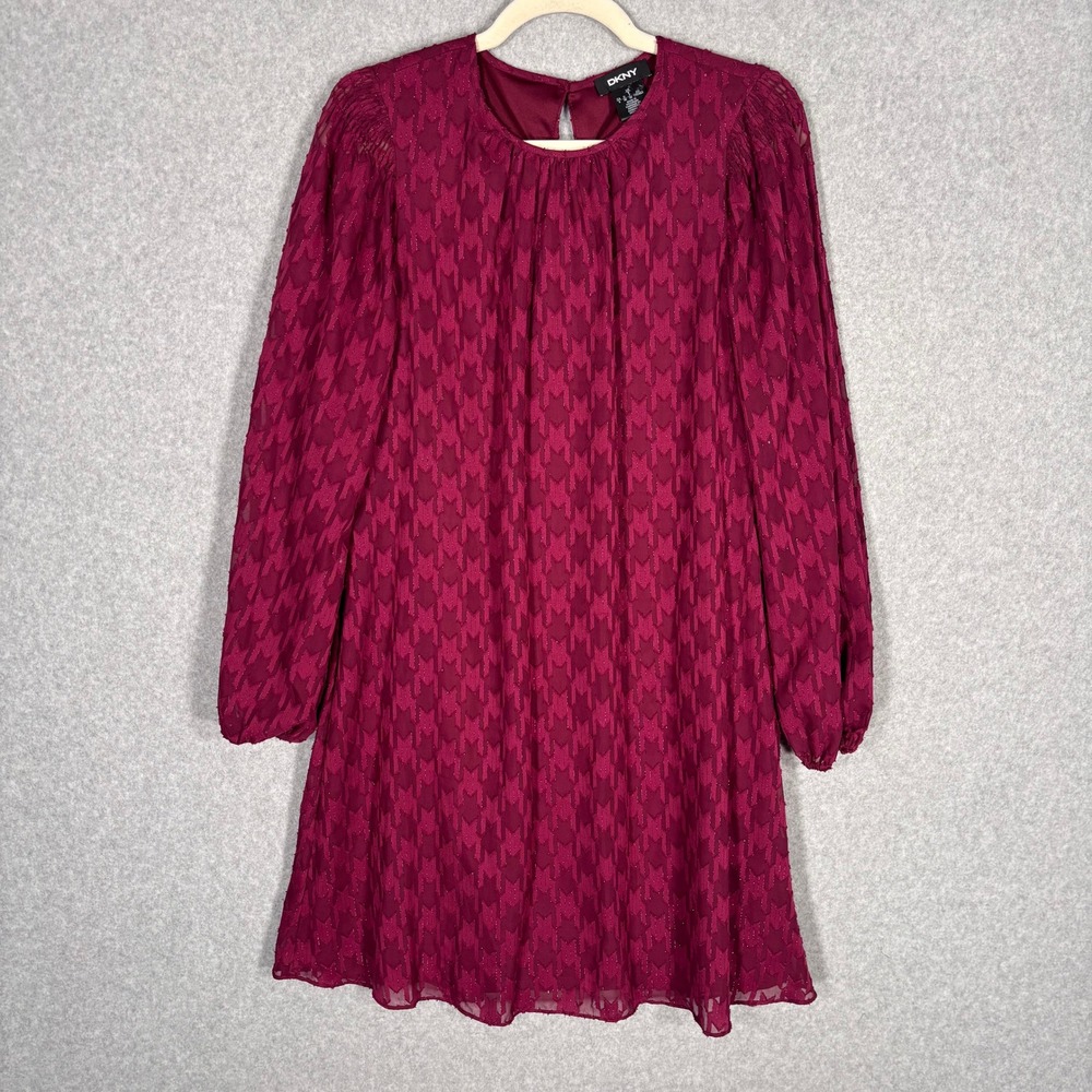 DKNY Metallic Burnout Shift Mini Dress 6 Burgundy Houndstooth Sheer Peasant